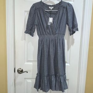 A loves a striped faux wrap ruffle neckline smocked waist dress Sz S puff sleeve